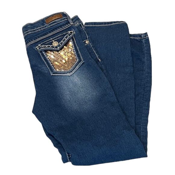 WallFlower Skinny Fit Jeans Kids Girls 16 Distressed Gold Sequin Flap Pocket - Picture 4 of 6